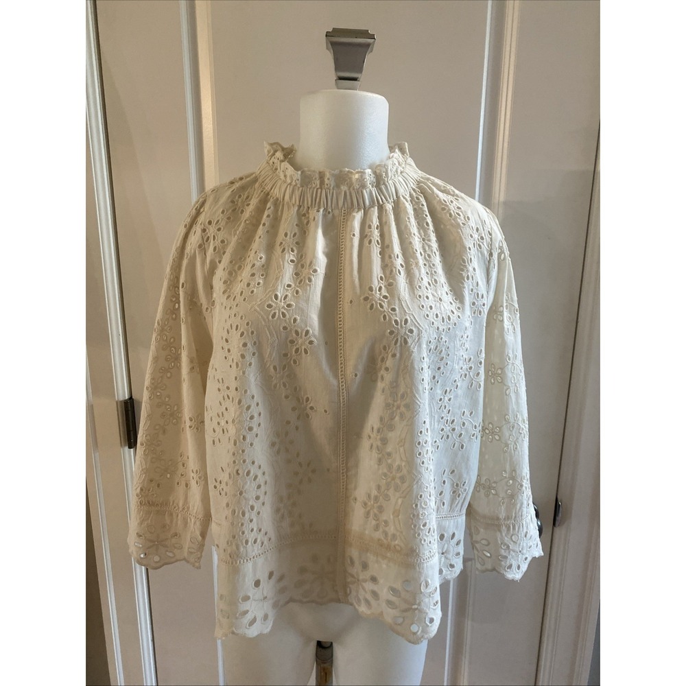 Jennifer & Grace Ivory Beige Cottagecore Eyelet Blouse Ruffle Pullover -Size XL